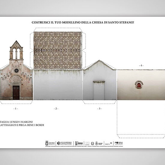 L'immagine mostra la scheda per costruire il modellino tridimensionale dell'esterno della chiesa di Santo Stefano