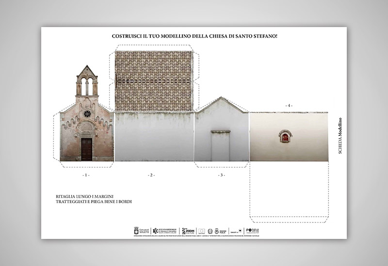 L'immagine mostra la scheda per costruire il modellino tridimensionale dell'esterno della chiesa di Santo Stefano