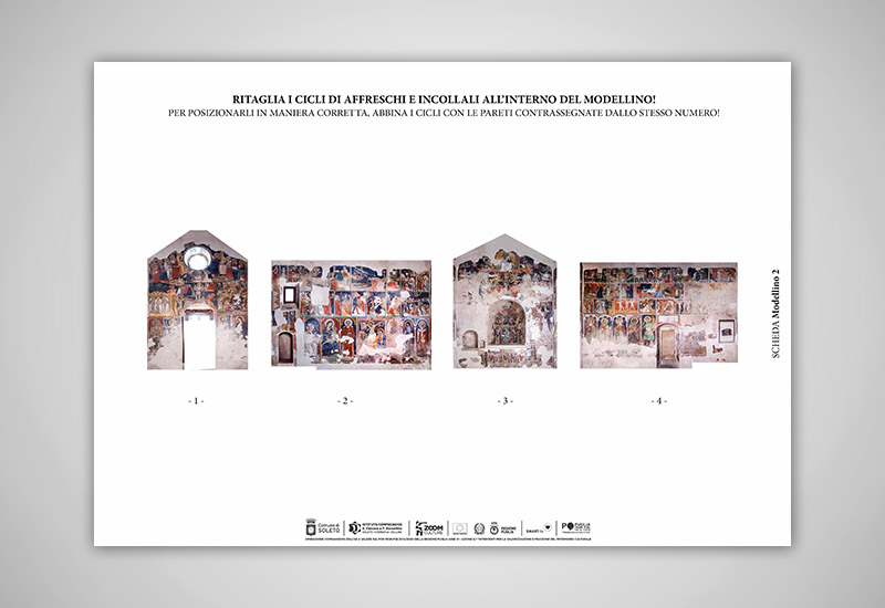 L'iimmagine mostra la scheda per costruire il modellino tridimensionale dell'interno della chiesa con i suoi cicli di affreschi