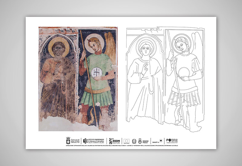 l'immagine mostra una scheda cartacea per scoprire le differenze stilistiche tra due personaggi presenti negli affreschi della chiesa di Santo stefano, S.Simone e l'Arcangelo MIchele