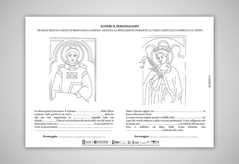 l'immagine mostra una scheda cartacea utile per individuare alcuni personaggi chiave degli affreschi della chiesa di Santo Stefano con il disegno dei riquadri dove sono presenti e un piccolo testo da completare con informazioni dettagliate