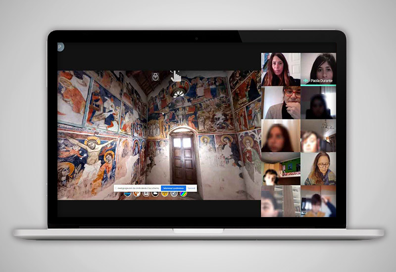 L'immagine mostra uno screenshot della lezione in DAD sulla chiesa di Santo Stefano col l'esplorazione del tour virtuale
