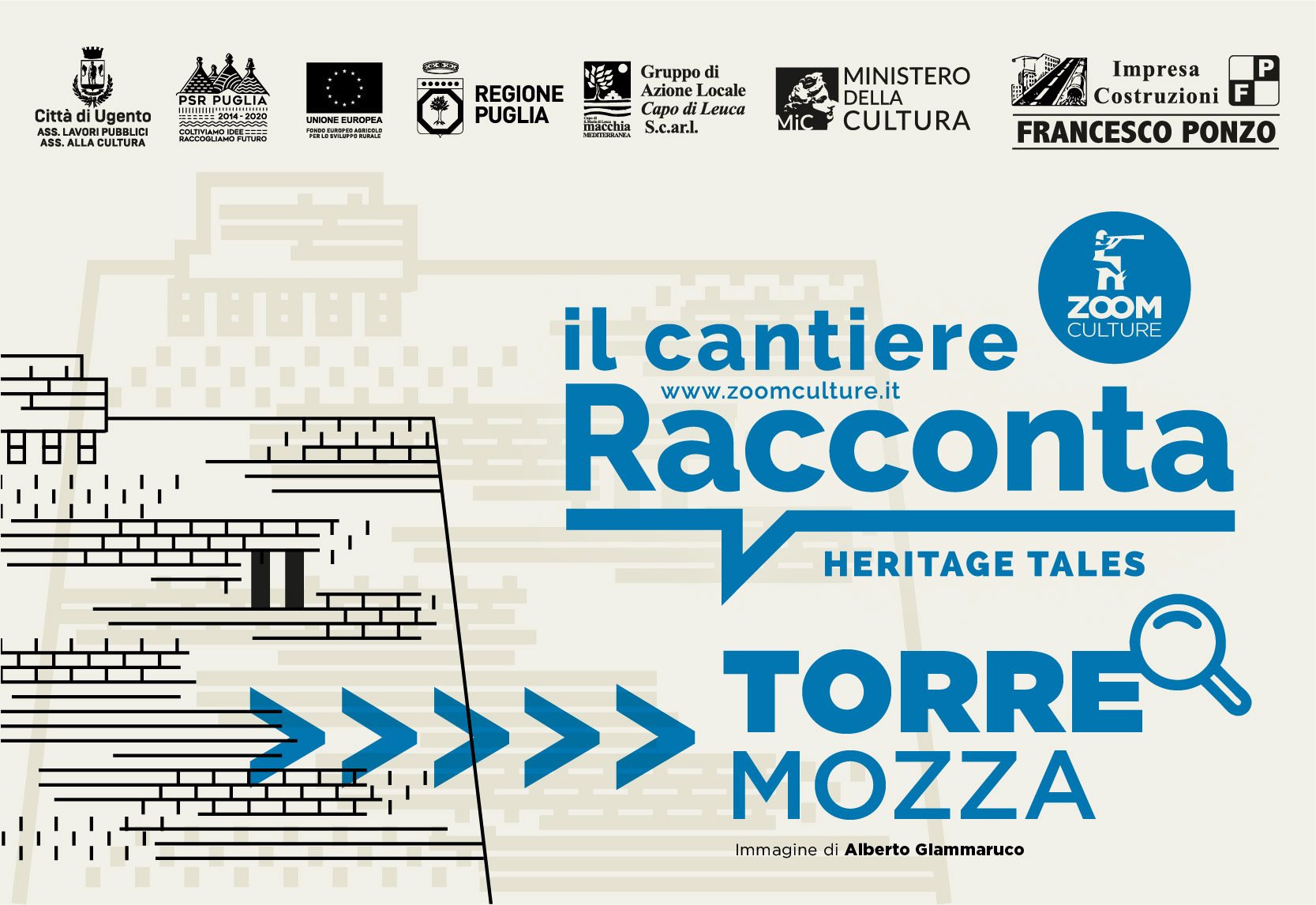 Torre Mozza - Immagine di copertina del Cantiere Racconta | Torre Mozza con illustrazione della torre e loghi istituzionali