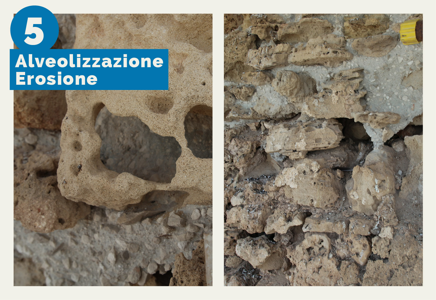 orre Mozza - L'immagine mostra il degrado della muratura esterna di Torre Mozza dovuto a fenomeni di alveolizzazione e erosione causati dagli agenti atmosferici e dalle caratteristiche intrinseche dei materiali