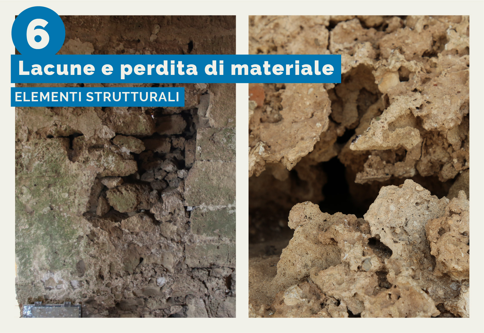 Torre Mozza - L'immagine mostra lacune e perdite di materiale su alcuni elementi strutturali di Torre Mozza dovuto agli agenti atmosferici e alle caratteristiche intrinseche dei materiali